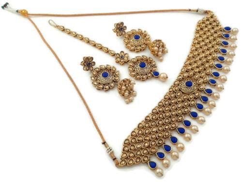 bollywood bridal jewelry choker necklace set blue