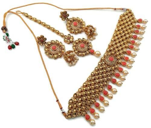 bollywood bridal jewelry choker necklace set coral