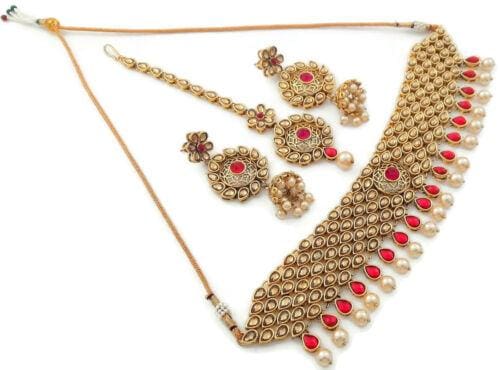 bollywood bridal jewelry choker necklace set hot pink