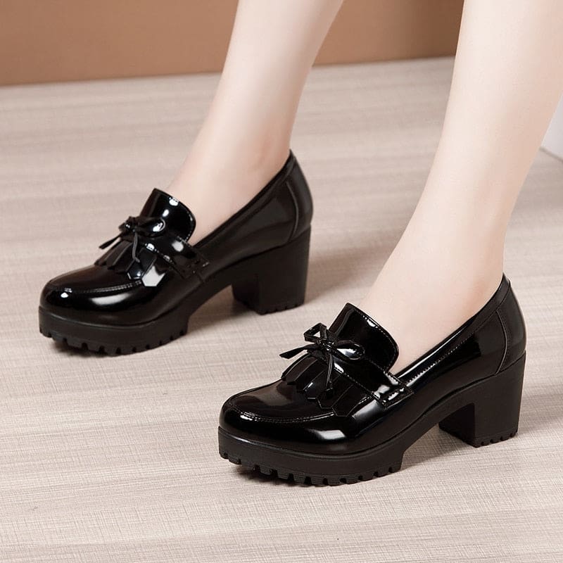 bowknot slip on tassels thick heels vintage fashion shoes