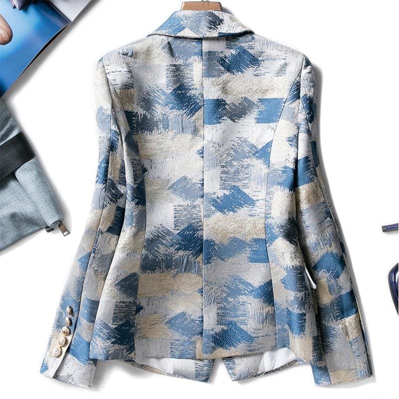 brand new unique designing runway women notched double breasted plaid graffiti printing casual blazer jacket