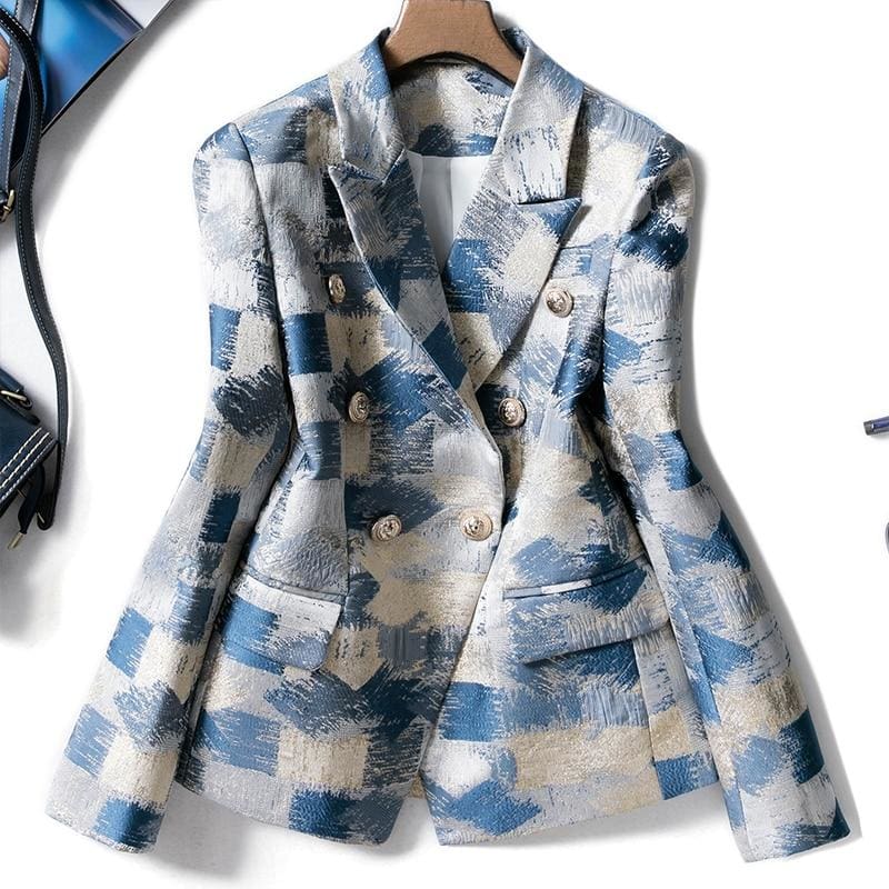 brand new unique designing runway women notched double breasted plaid graffiti printing casual blazer jacket