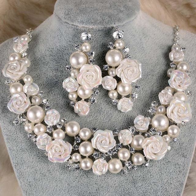 bridal crystal pearl romantic flower rhinestone wedding jewelry set 2pcs set