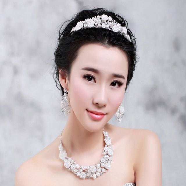 bridal crystal pearl romantic flower rhinestone wedding jewelry set 3pcs set
