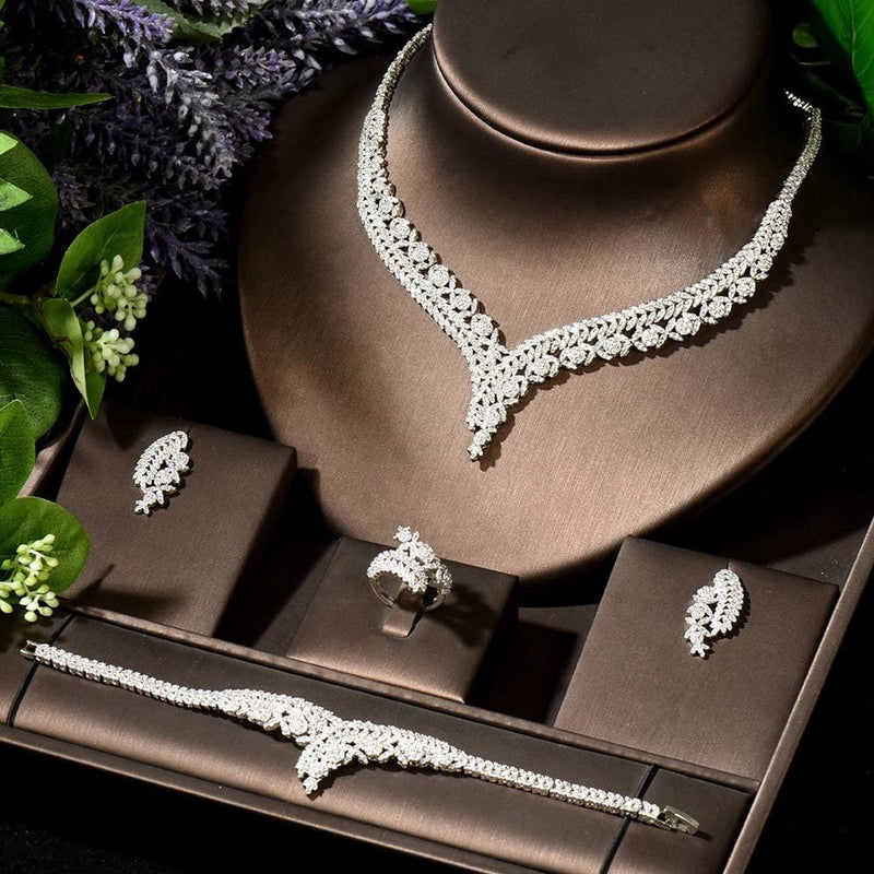brilliant cubic zircon 4pcs necklace earrings ring and bracelet jewelry sets