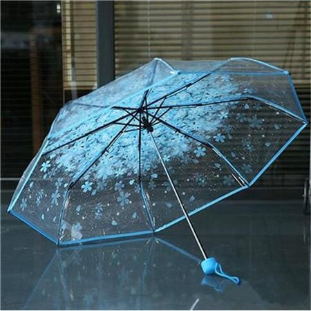 cherry blossom transparent pvc rainy women umbrella blue