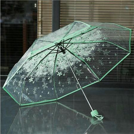 cherry blossom transparent pvc rainy women umbrella green