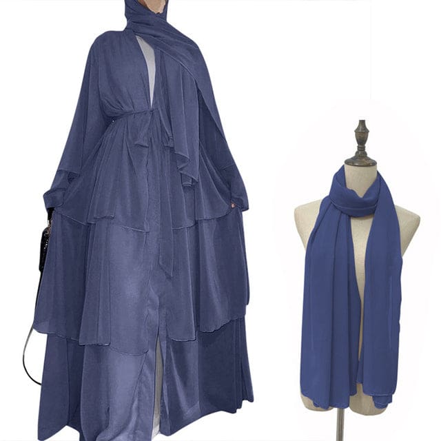 Chiffon Open Abaya Dubai Kaftan Women Dresses Gray Blue With Hijab / M HIJAB & BURKA