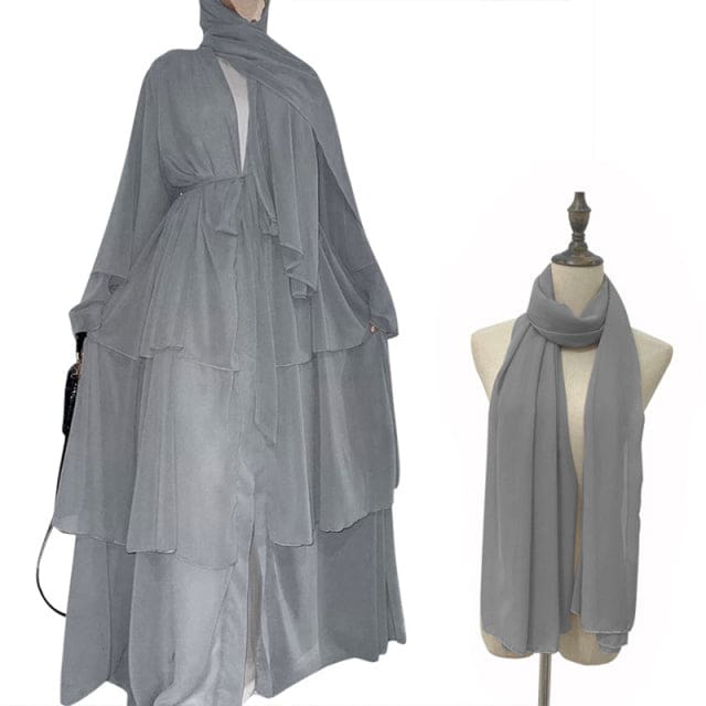 Chiffon Open Abaya Dubai Kaftan Women Dresses Gray With Hijab / XL HIJAB & BURKA