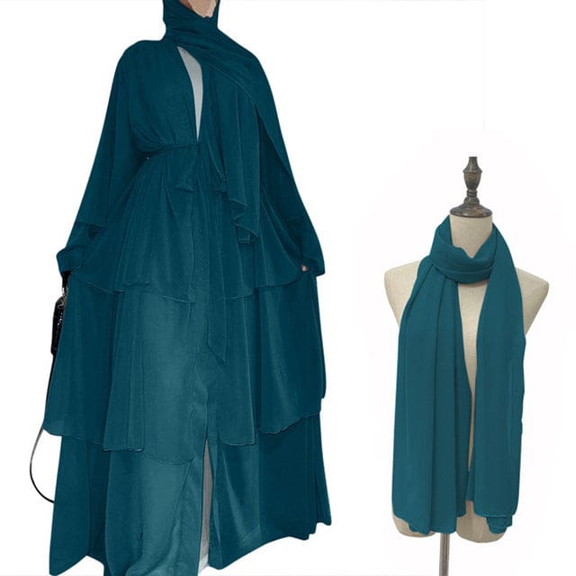 Chiffon Open Abaya Dubai Kaftan Women Dresses Green With Hijab / S HIJAB & BURKA