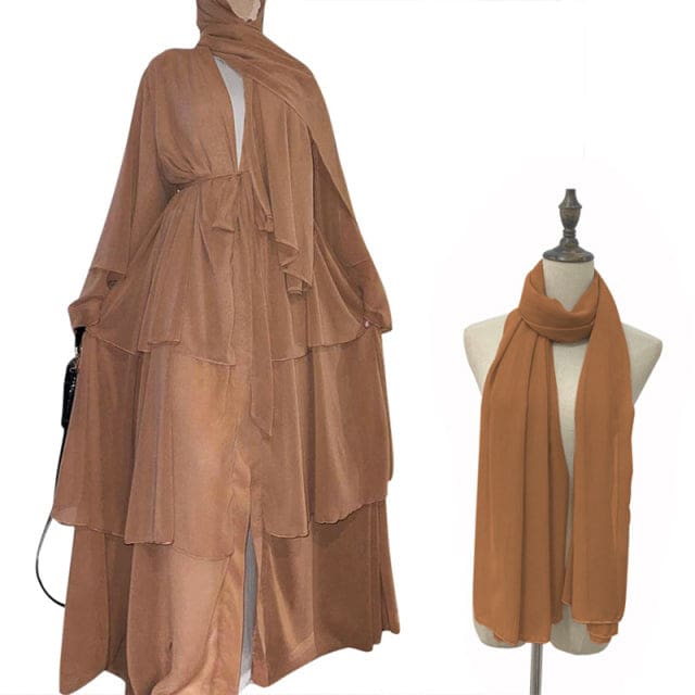 Chiffon Open Abaya Dubai Kaftan Women Dresses Khaki With Hijab / XXL HIJAB & BURKA