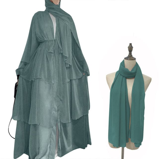 Chiffon Open Abaya Dubai Kaftan Women Dresses Pea Green With Hijab / XL HIJAB & BURKA