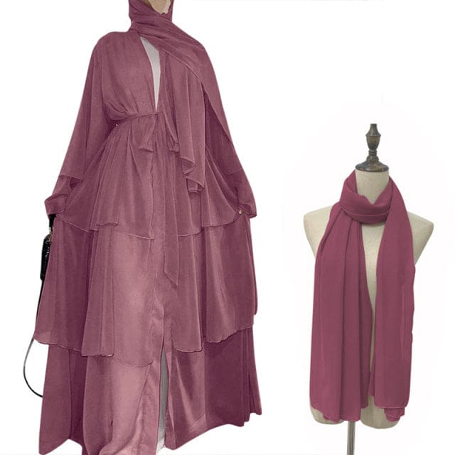 Chiffon Open Abaya Dubai Kaftan Women Dresses Rose Pink With Hijab / XXL HIJAB & BURKA