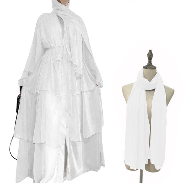 Chiffon Open Abaya Dubai Kaftan Women Dresses White With Hijab / L HIJAB & BURKA
