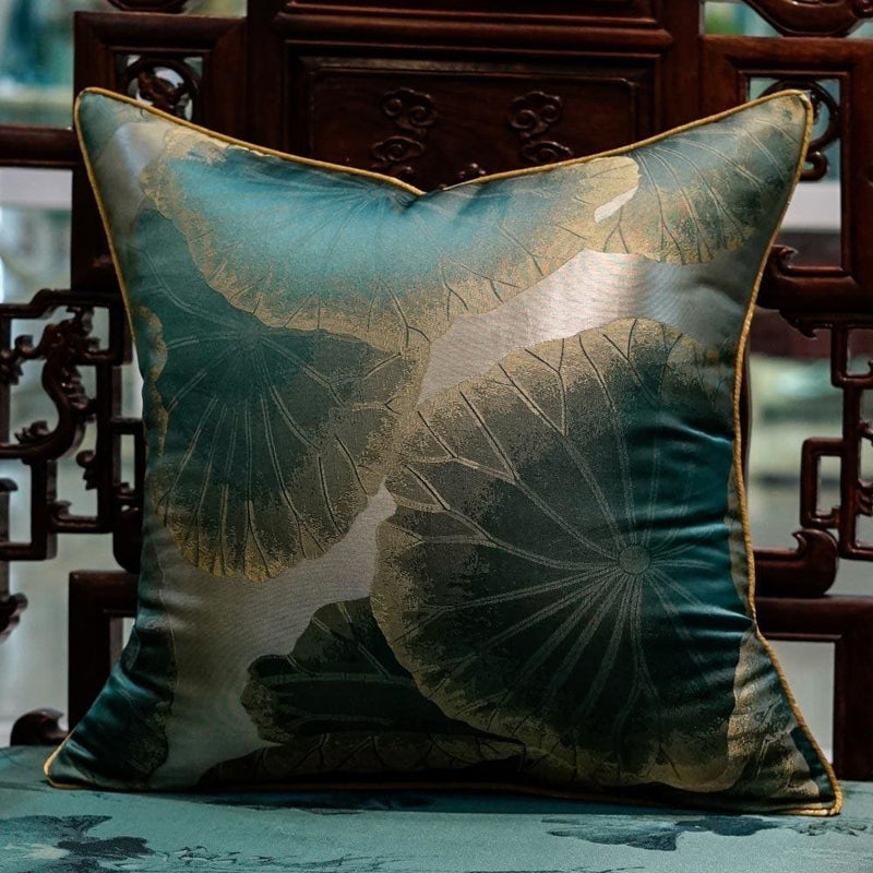 chinese style dark green  embroidery lotus flower leaf cushion