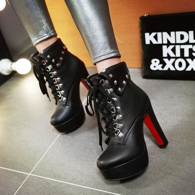 chunky wedge lace leather ankle boots for women