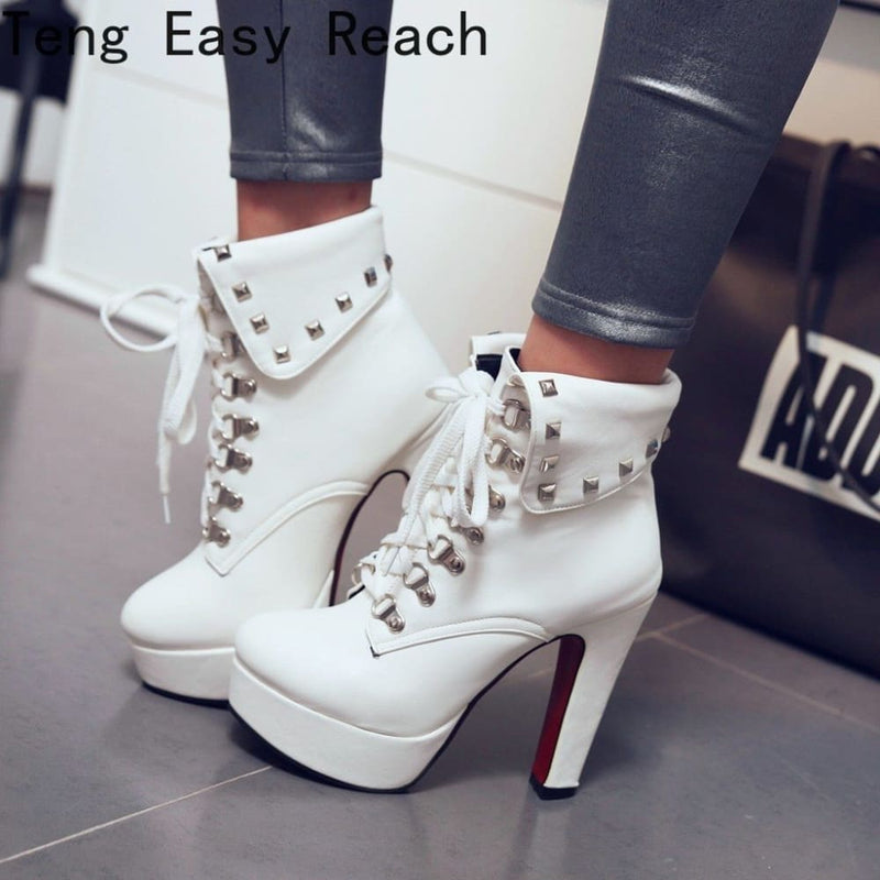 chunky wedge lace leather ankle boots for women