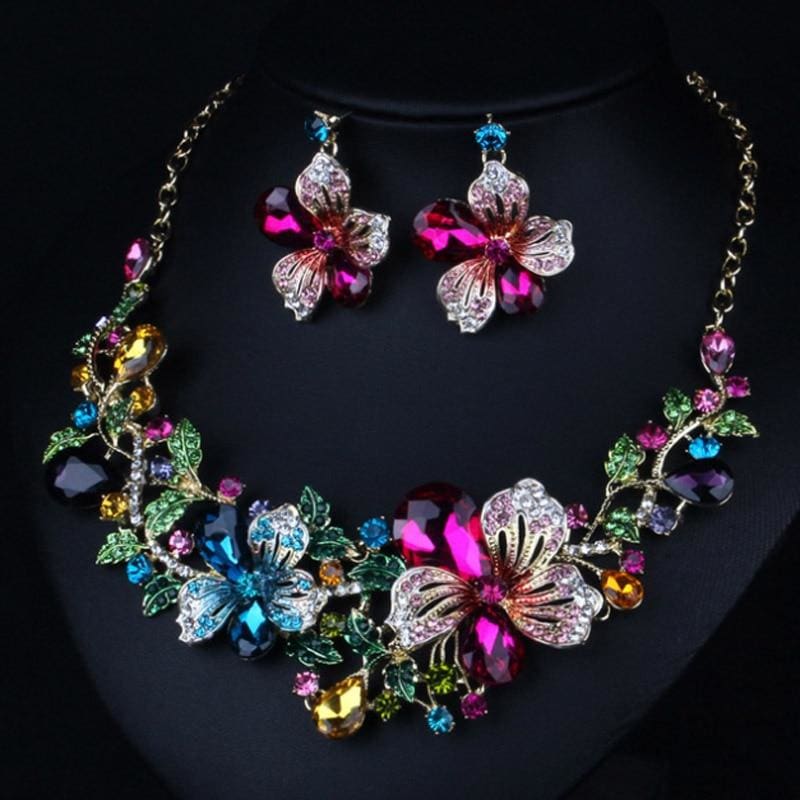 classic colorful enamel flower necklace with earring  jewelry sets