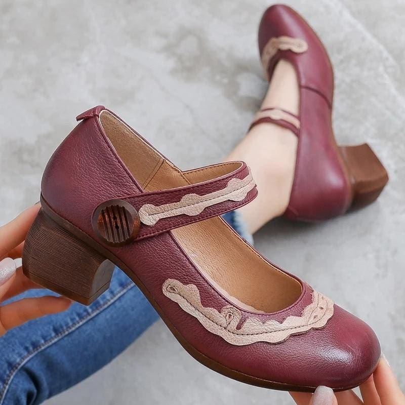 classic retro mixed colors non-slip thick heel comfortable genuine leather shoes