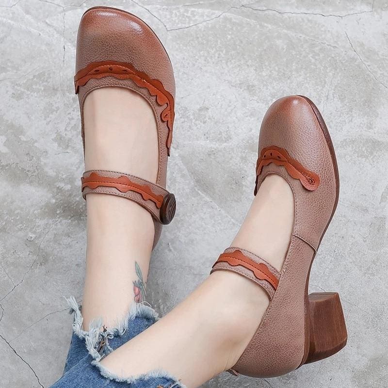 classic retro mixed colors non-slip thick heel comfortable genuine leather shoes