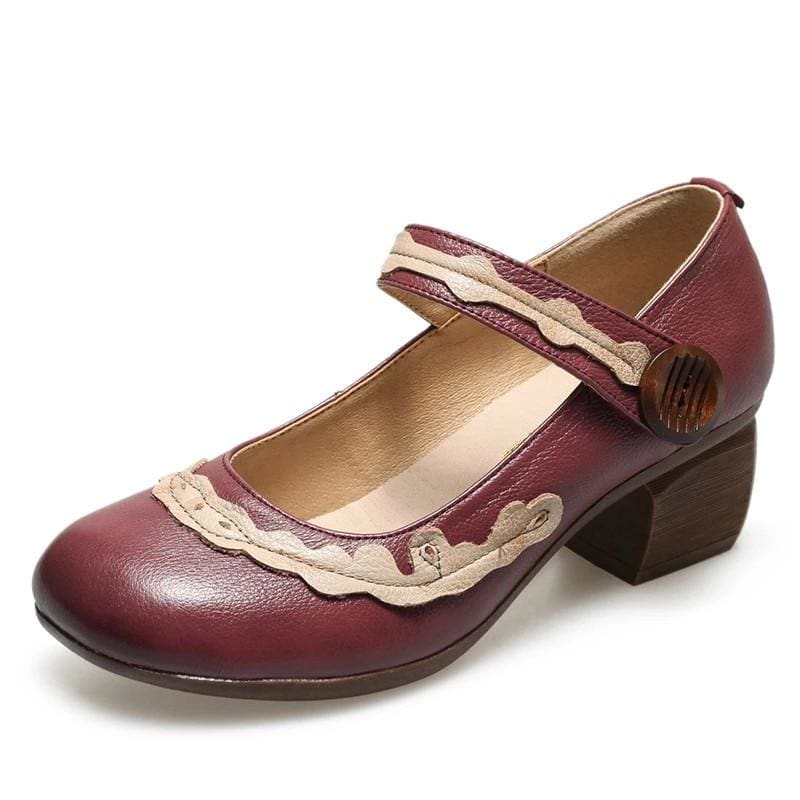 classic retro mixed colors non-slip thick heel comfortable genuine leather shoes