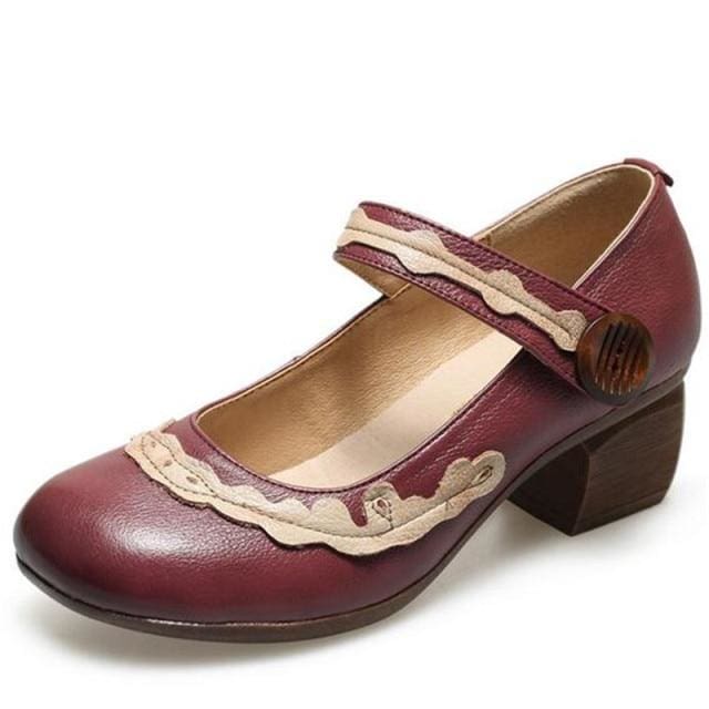 classic retro mixed colors non-slip thick heel comfortable genuine leather shoes