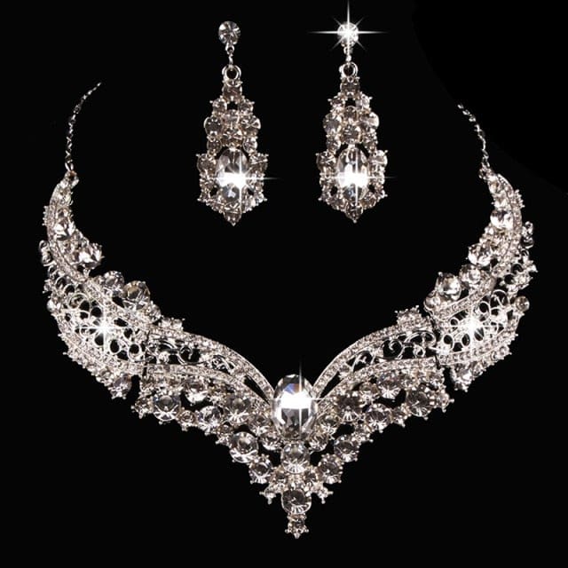 crystal collar rhinestone necklace earrings party jewelry set light yellow color / clear