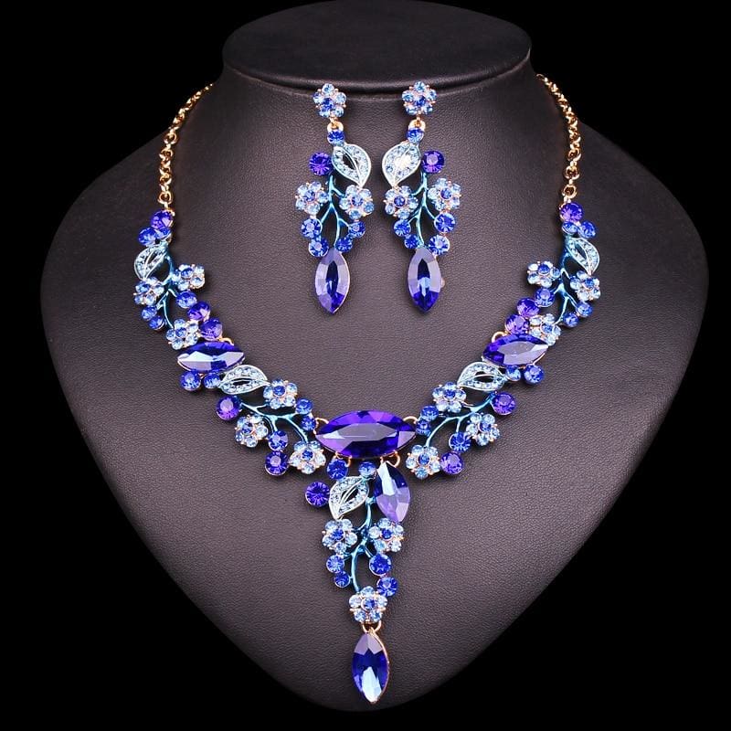 crystal leaves flowers bridal jewelry set blue