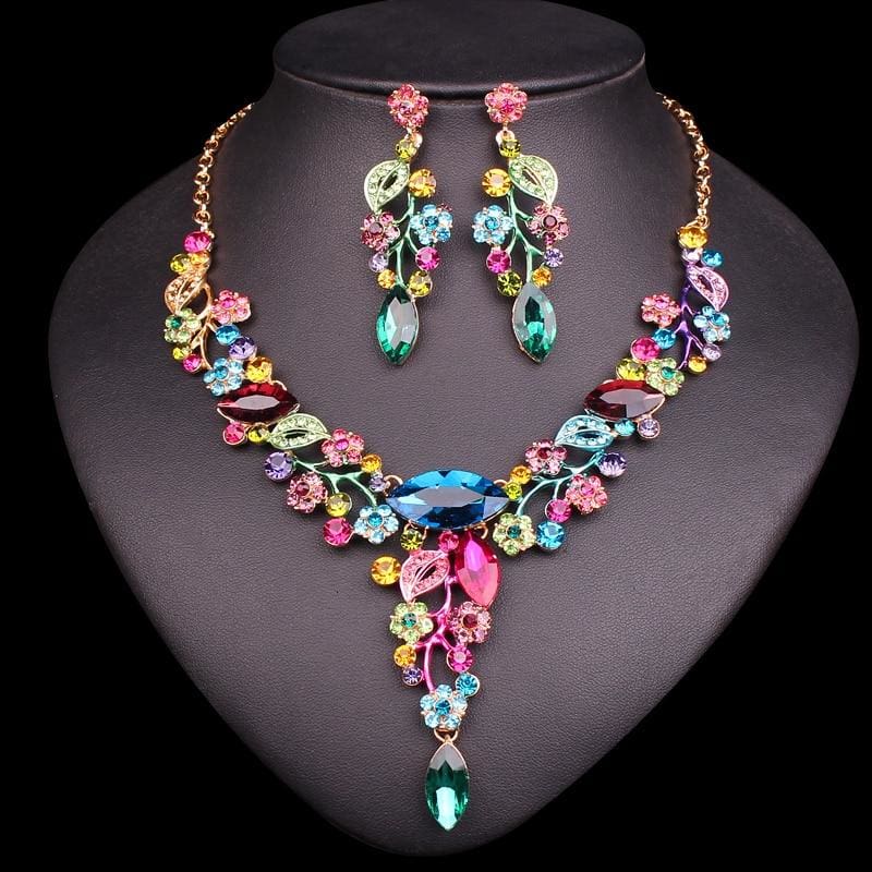 crystal leaves flowers bridal jewelry set multicolor