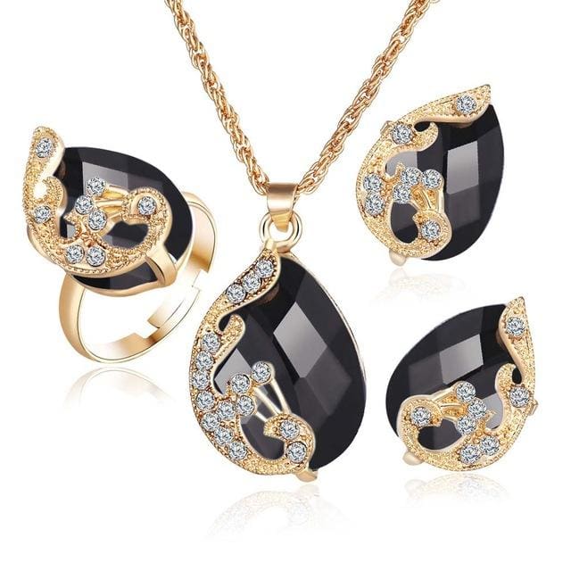 crystal peacock jewelry sets bride wedding necklace earring ring set black