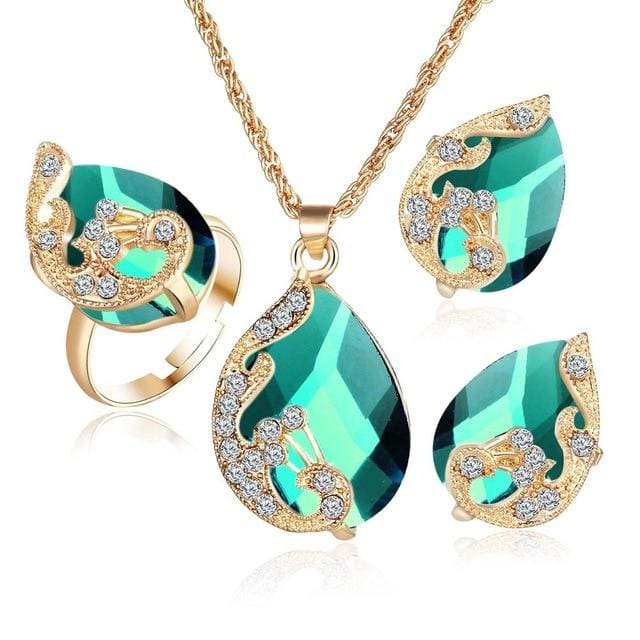 crystal peacock jewelry sets bride wedding necklace earring ring set green