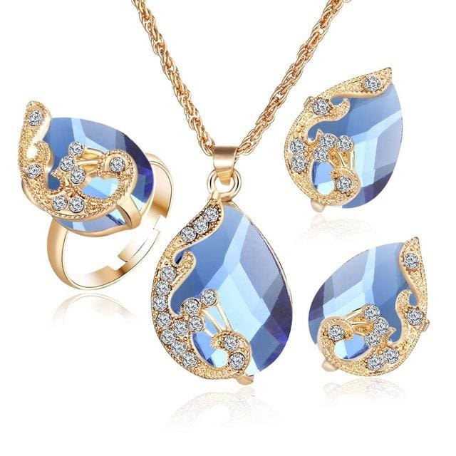 crystal peacock jewelry sets bride wedding necklace earring ring set light blue