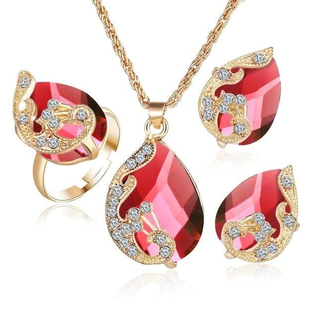 crystal peacock jewelry sets bride wedding necklace earring ring set red