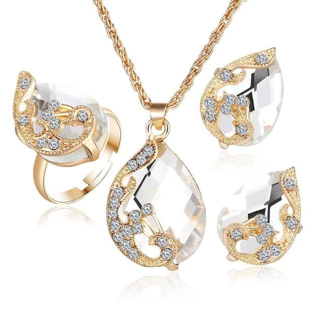 crystal peacock jewelry sets bride wedding necklace earring ring set white