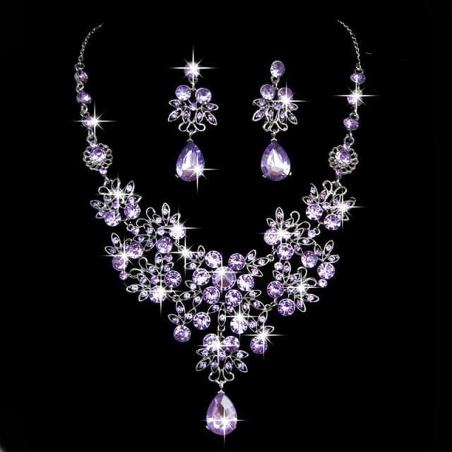 crystal rhinestone necklace earring formal party prom jewelry set purple