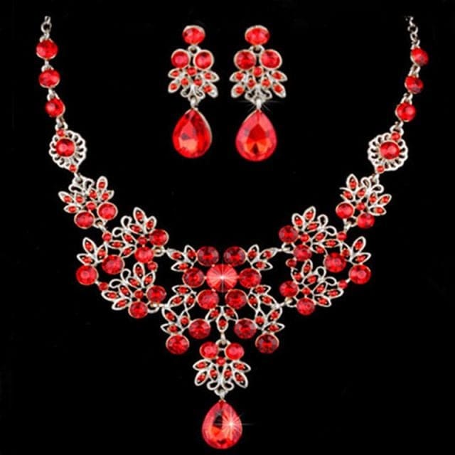 crystal rhinestone necklace earring formal party prom jewelry set red
