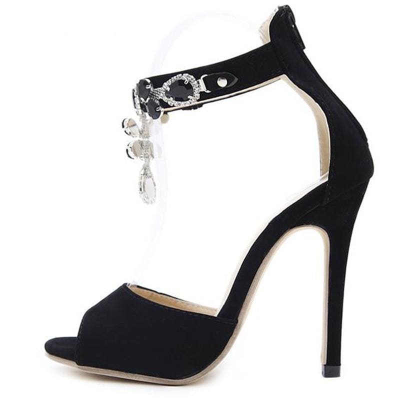crystal rhinestones embellished suede leather peep toe heels