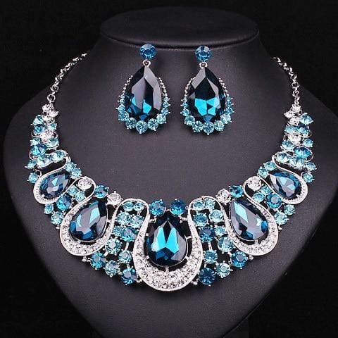 crystal statement collar choker necklace bridal jewelry set light blue in silver