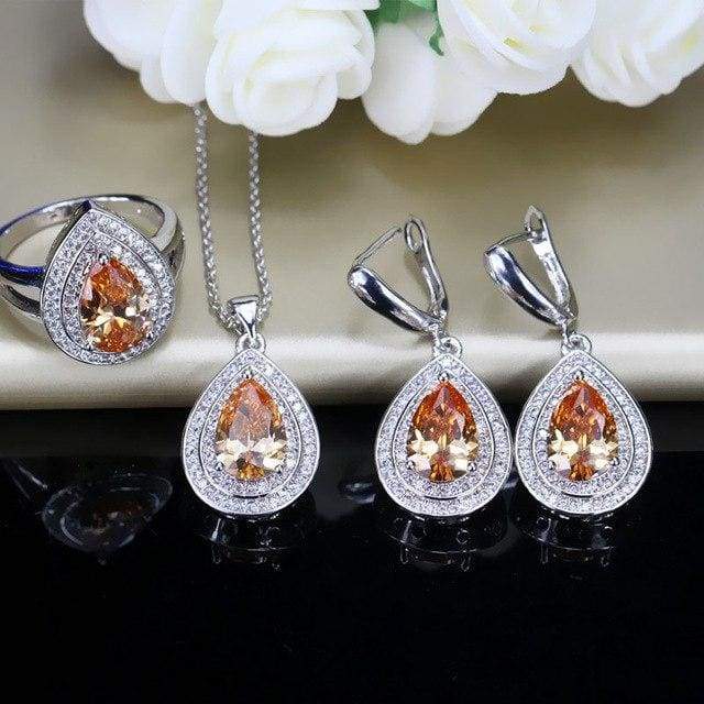 cubic zirconia big pear cut long dangle necklace set