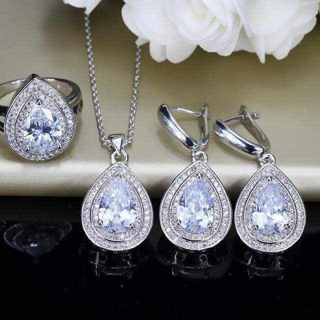 cubic zirconia big pear cut long dangle necklace set