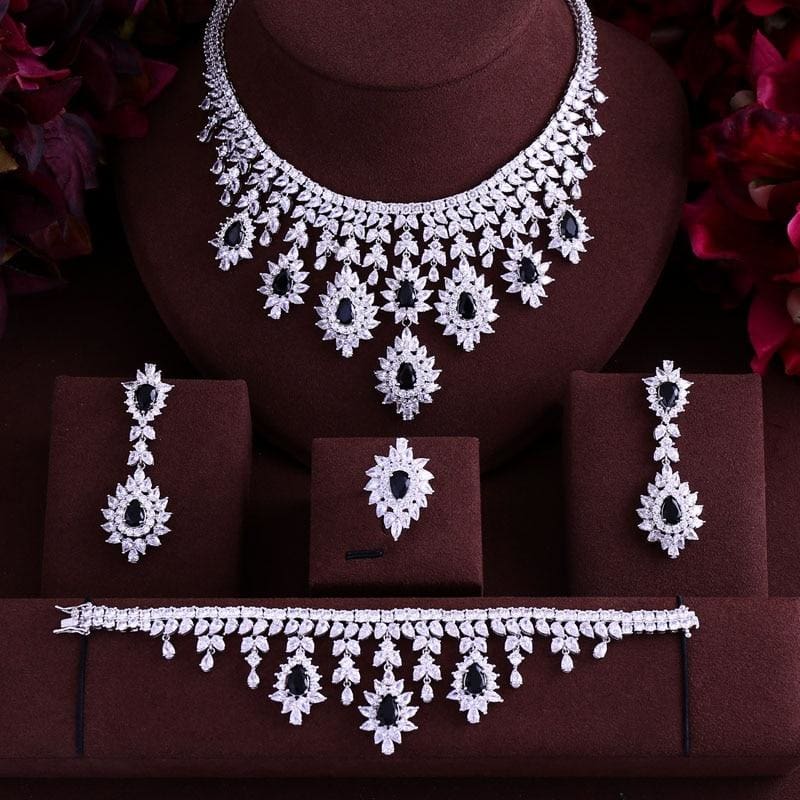 cubic zirconia necklace drop earrings bracelet and ring for bridal jewelry set black