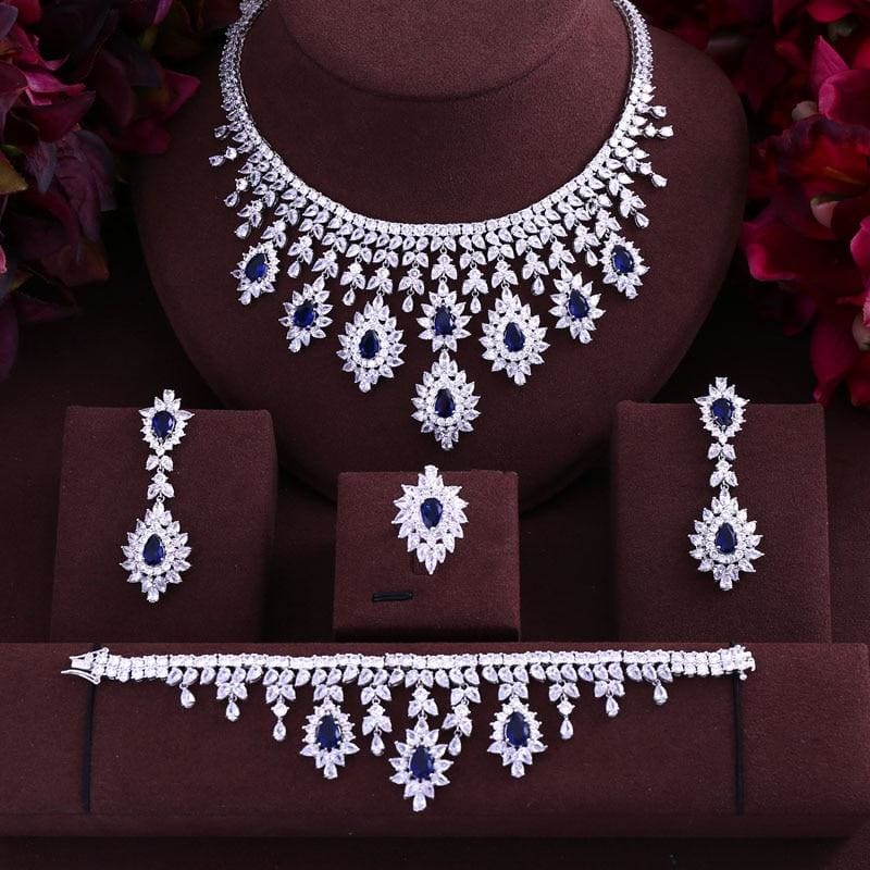 cubic zirconia necklace drop earrings bracelet and ring for bridal jewelry set blue