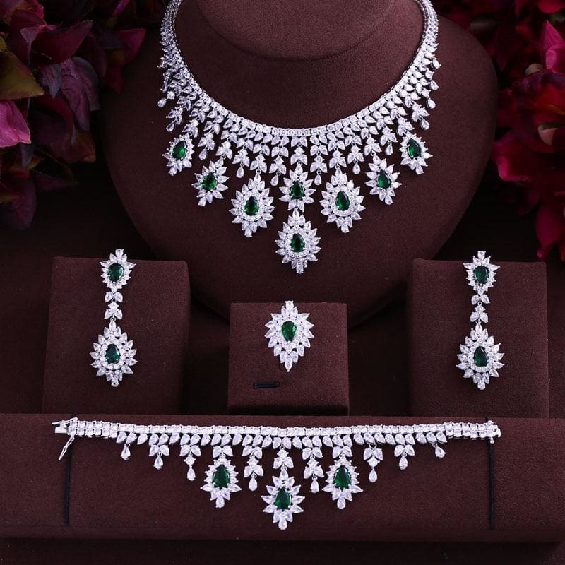 cubic zirconia necklace drop earrings bracelet and ring for bridal jewelry set green