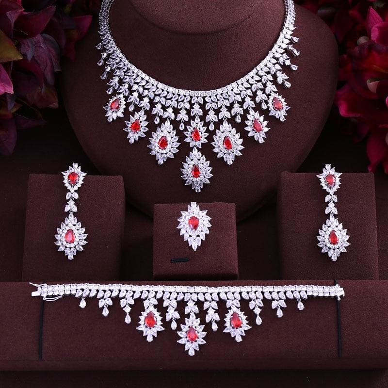 cubic zirconia necklace drop earrings bracelet and ring for bridal jewelry set red