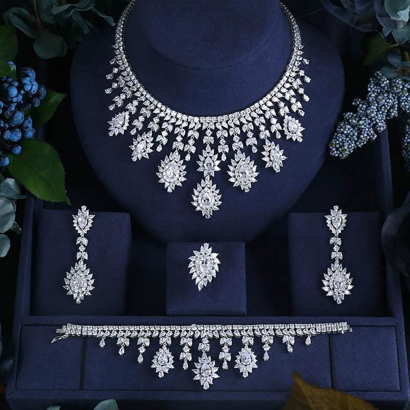 cubic zirconia necklace drop earrings bracelet and ring for bridal jewelry set white