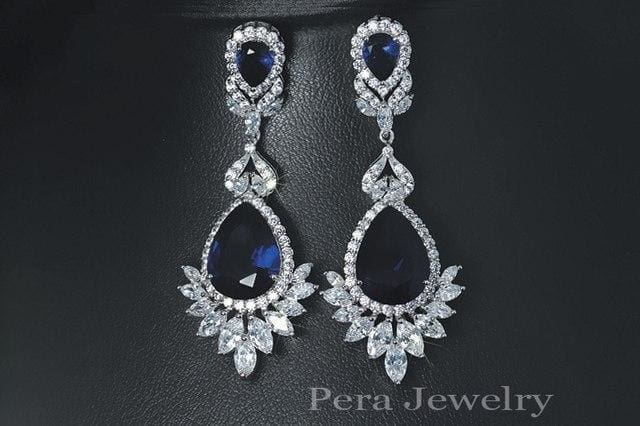 cz brand luxury silver color big water drop cubic zirconia stone earrings blue