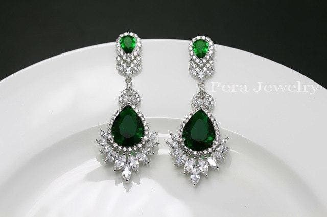 cz brand luxury silver color big water drop cubic zirconia stone earrings green