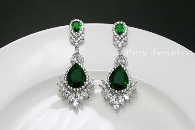 cz brand luxury silver color big water drop cubic zirconia stone earrings green