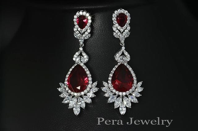 cz brand luxury silver color big water drop cubic zirconia stone earrings red
