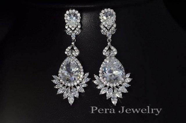 cz brand luxury silver color big water drop cubic zirconia stone earrings white